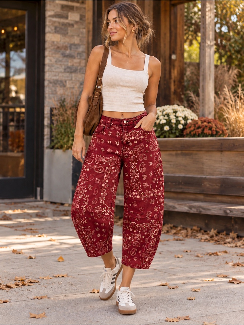 Women’s Red Bandana Print Barrel Wide-Leg Pants